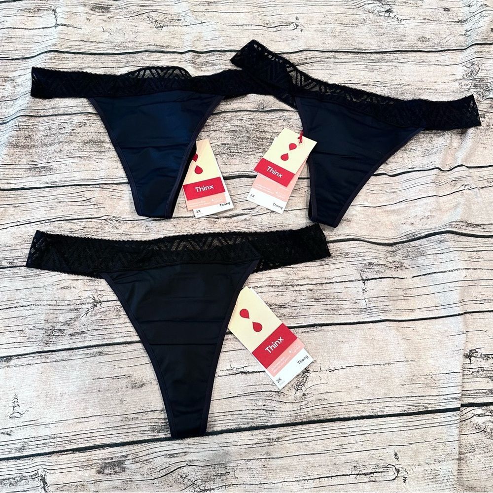 Lot of 3 NWT Black Period Thongs with Lace Detail; Lightest Flow; Size 2X